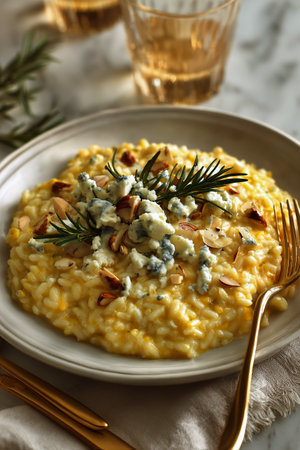 A bowl of creamy saffron risotto garnished with fresh herbs and cheese sits on a table. Soft lighting captures the warm, inviting atmosphere of the dining space with a drink nearby..の素材