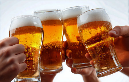 Four glasses of golden beer click together as friends to celebrate a special moment indoors. Laughter and smiles fill the atmosphere during this fun gathering.の素材