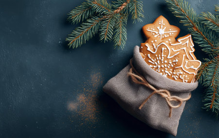 Gingerbread cookies in various shapes rest inside a burlap pouch. Fresh pine branches add a seasonal touch to this cozy holiday scene.の素材