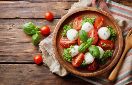A vibrant salad made with fresh mozzarella, ripe tomatoes, and green basil leaves sits on a wooden table. A cloth napkin and utensils add to the inviting setup..の素材