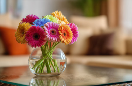 Colorful gerbera daisies in a glass vase bring life to a cozy living room. Soft lighting highlights the bright petals against a background of warm decor.の素材