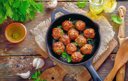 Juicy meatballs are sizzling in a cast iron skillet, surrounded by fresh herbs, garlic, and lemon. The rustic wooden table adds warmth to the inviting scene.の素材