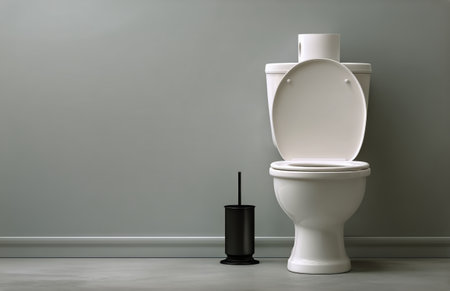 A clean bathroom scene shows a white toilet with the lid open against a light gray wall. A black toilet brush holder stands nearby, emphasizing simplicity and cleanliness.の素材