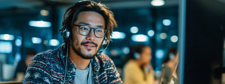 A young man in a headset smiles while helping clients at a bustling call center. His focused expression shows dedication to providing excellent service to customers..の素材