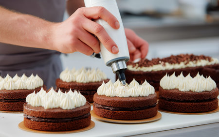 A skilled baker uses a piping bag to add cream to chocolate layer cakes in a busy pastry shop during the afternoon hours.の素材