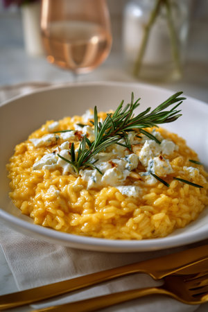A bowl of creamy saffron risotto garnished with fresh herbs and cheese sits on a table. Soft lighting captures the warm, inviting atmosphere of the dining space with a drink nearby.の素材