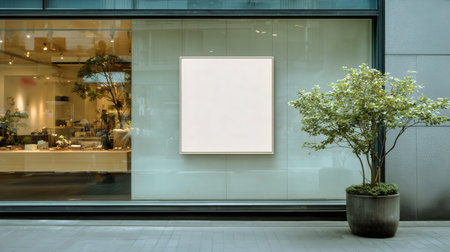 A modern gallery window showcases a large blank canvas. The scene captures the contrast of the dimly lit interior with warm lights reflecting on the glass..の素材
