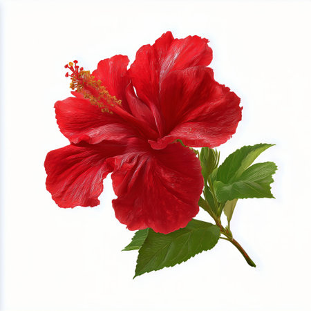 A vivid red hibiscus flower with large, textured petals and green leaves is showcased in bright light, highlighting its beauty in a natural setting.の素材