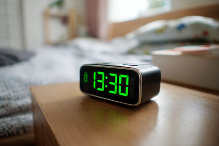Bright green clock displays 1330 on a wooden bedside table in a cozy bedroom with soft bedding and natural light streaming in through the window.の素材