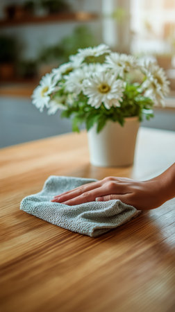 A hand holds a cloth to wipe down a wooden dining table where a pot of white flowers sits, adding a touch of nature to the bright and clean room.の素材