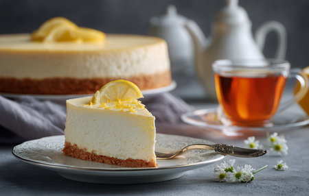 A slice of creamy cheesecake topped with a lemon slice and mint sits on a plate beside a cup of tea. The whole cake is in the background, creating a pleasant dessert scene..の素材