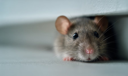A small, curious rat peers out from beneath a wooden board in a warm indoor space. Soft lighting enhances the scene as it surveys its surroundings with bright eyes.の素材