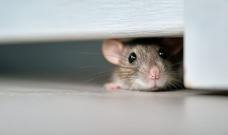A small gray mouse cautiously peeks from under a cabinet in a cozy room. Its whiskeys twitch as it explores the environment, showing its curiosity and alertness.の素材