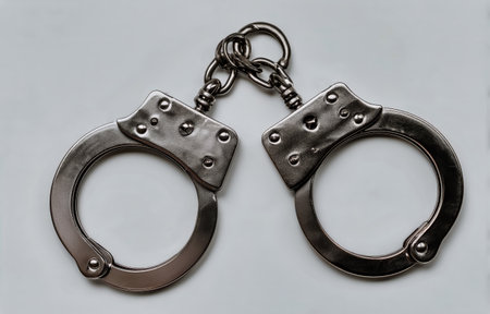 Metallic handcuffs lie on a neutral background, showing their design and function used in law enforcement and security situations, emphasizing safety and control.の素材