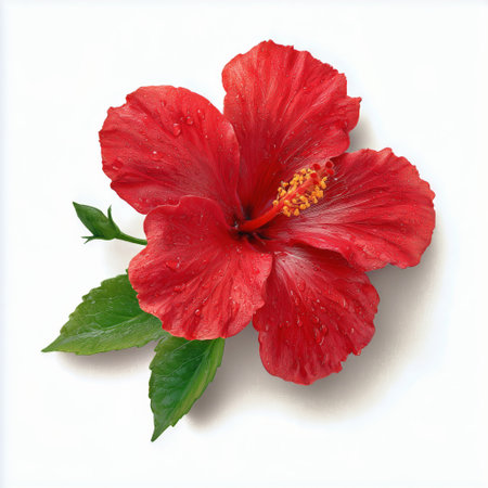 A vibrant red hibiscus blooms with lush green leaves, set against a bright white background. The flower shows intricate details and fresh droplets, capturing its beauty.の素材