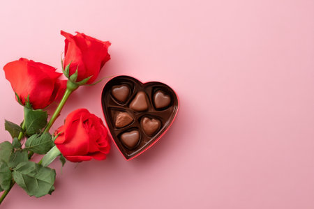 Heart-shaped box filled with chocolates sits next to vibrant red roses on a soft pink surface, perfect for a romantic gesture or celebration of love.の素材