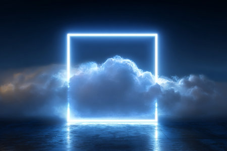 A glowing square frame captures a soft cloud, set against a deep blue background. The surreal scene creates a peaceful, dreamlike atmosphere during the calm of night.の素材
