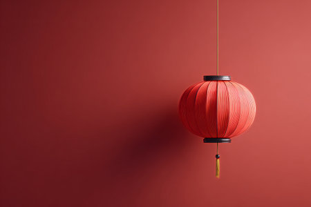A beautiful red lantern with a tassel hangs gracefully on a solid red wall, adding a touch of warmth and charm to the cozy surroundings. Perfect for festive occasions or decoration.の素材