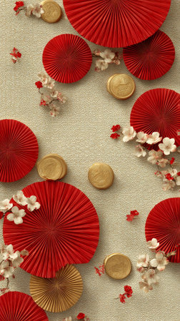 Decorative red fans and gold coins are beautifully arranged with delicate flowers on a light textured surface, creating a festive atmosphere for celebrations and special occasions.の素材