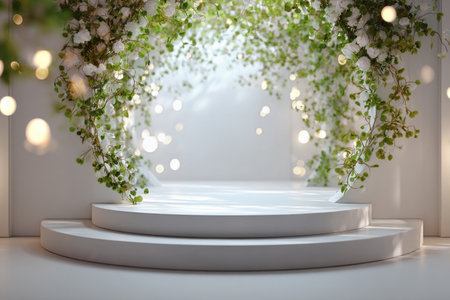 A beautifully designed archway draped with flowers frames a circular stage filled with soft lighting. This setup is perfect for weddings, ceremonies, or celebrations.の素材