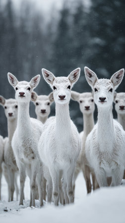 A group of white deer gathers together in a snowy forest, their serene presence creating a beautiful winter landscape as snowflakes gently fall around them..の素材