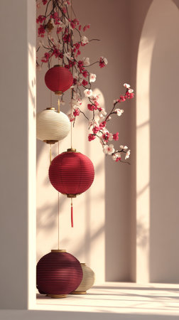 Bright red and white lanterns hang alongside delicate cherry blossoms in a serene indoor space bathed in warm sunlight. The soft shadows create a calming atmosphere.の素材