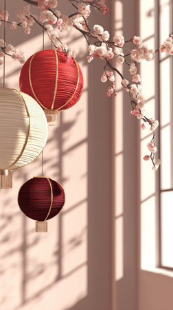 Bright lanterns hang against a soft pink wall, illuminated by sunlight. Nearby, cherry blossoms add a touch of nature, creating a peaceful indoor scene..の素材