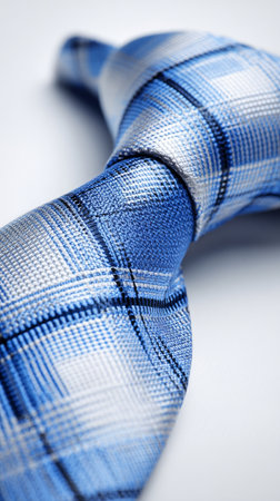 A blue and white checkered tie is neatly tied and displayed against a solid white background. It exemplifies classic style for formal occasions and professional settings..の素材