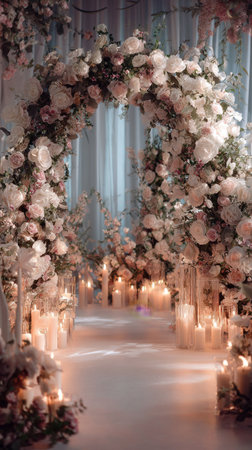 A stunning floral archway adorned with a variety of flowers stands elegantly in a wedding venue..の素材