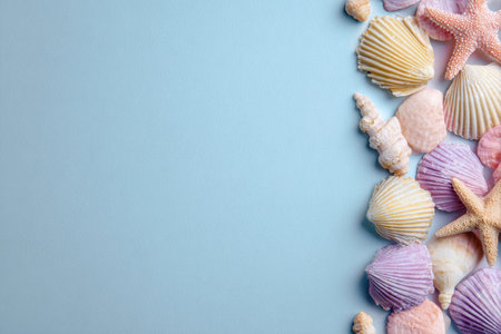 A collection of seashells and starfish in various pastel colors is artfully arranged on a soft blue background, suitable for beach-themed crafts or decor.の素材
