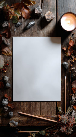 A blank piece of paper sits on a rustic wooden table surrounded by dried autumn leaves, a lit candle, and art supplies. This setup invites creativity and exploration..の素材
