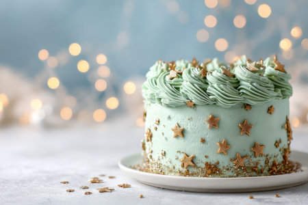 A vibrant cake features swirling layers of green frosting adorned with gold stars. Soft bokeh lights in the background create a warm, festive atmosphere perfect for celebrations..の素材