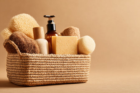 Soft towels, a bottle of lotion, a bar of soap, and dried flowers are neatly placed in a woven basket, creating a calming spa atmosphere perfect for self-care rituals..の素材