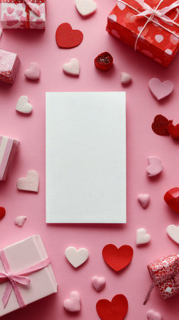 Red and pink boxes with ribbons surround a blank note on a soft pink background. Heart-shaped decorations add a festive touch, perfect for celebrating love or friendship.の素材