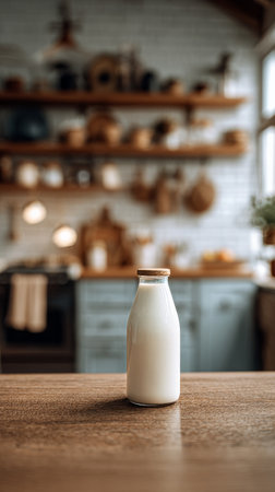 A glass bottle of fresh milk sits on a wooden table next to a plate of croissants in a warm and inviting kitchen filled with natural light..の素材
