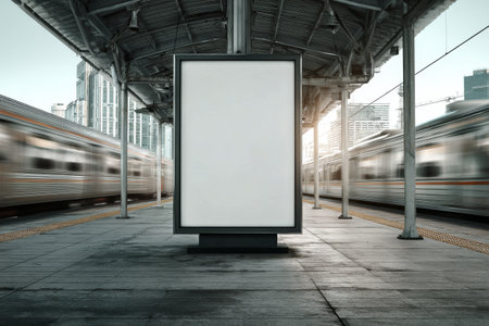 A train station platform shows an empty advertisement board under wooden awnings. A train zooms by, capturing the early morning atmosphere of travel and movement..の素材