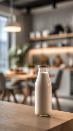 A glass bottle of fresh milk sits on a wooden table in a well-lit kitchen. The modern design features cozy decor with wicker light fixtures and soft furniture..の素材