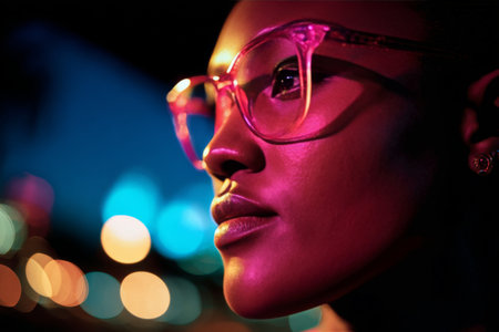 A person gazes upward in a lively urban setting at night. Colorful lights and reflections enhance their stylish pink glasses, creating a vibrant atmosphere..の素材
