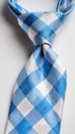 A blue and white checkered tie is neatly tied and resting on a table. The fabric has a soft texture, adding a touch of elegance to the classic design..の素材