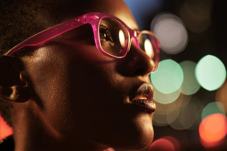 A person with shaved hair and bright pink glasses looks thoughtfully into the distance. Colorful lights create a vibrant atmosphere during an evening celebration..の素材