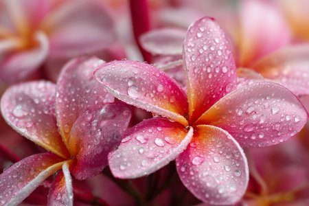 Bright pink flowers covered with water droplets create a fresh and vibrant scene in a peaceful garden. The morning light enhances the beauty of the blooms.の素材