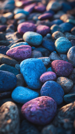 Various smooth stones in shades of blue and purple are scattered on wet ground, glistening in the soft glow of early morning light. The scene feels peaceful and serene..の素材