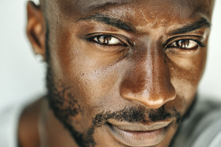 A man displays a focused expression with deep, expressive eyes. He has facial hair and is illuminated by natural light, highlighting his features beautifully.の素材