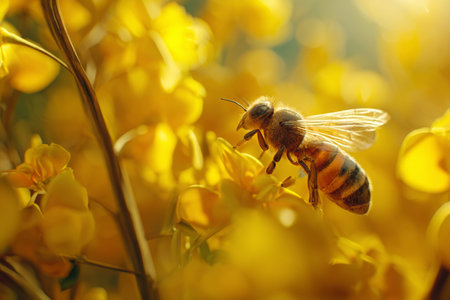A honey bee is busy gathering pollen from vibrant yellow flowers in a garden. Sunlight creates a warm glow, highlighting the beauty of nature during the afternoon.の素材
