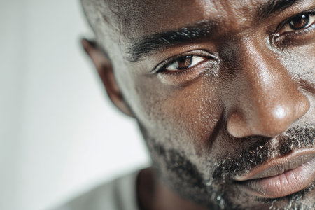 A close-up view of a man showing a thoughtful expression. The natural light highlights his facial features and emphasizes his textured skin.の素材