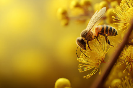 A bee is collecting nectar from bright yellow flowers under warm sunlight. The scene captures the beauty of nature and the essential role of bees in the environment..の素材