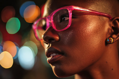 A person with shaved hair and bright pink glasses looks thoughtfully into the distance. Colorful lights create a vibrant atmosphere during an evening celebration.の素材