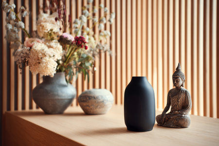 This scene features a black vase beside a small Buddha statue on a wooden surface. Behind them are elegant flower arrangements that enhance the calm ambiance.の素材