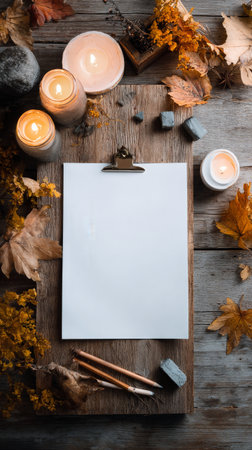 A blank canvas rests on a wooden table surrounded by fall leaves and lit candles, creating a cozy atmosphere for artistic inspiration during autumn..の素材