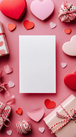 Various heart-shaped decorations and gifts surround a blank card on a pink background, setting a romantic atmosphere for Valentines Day celebrations.の素材